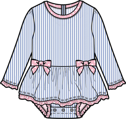 Baby Girls Periwinkle Blue Seersucker Long Sleeve One Piece Bow Peplum Rash Guard Swimsuit with Signature Rear Ruffles