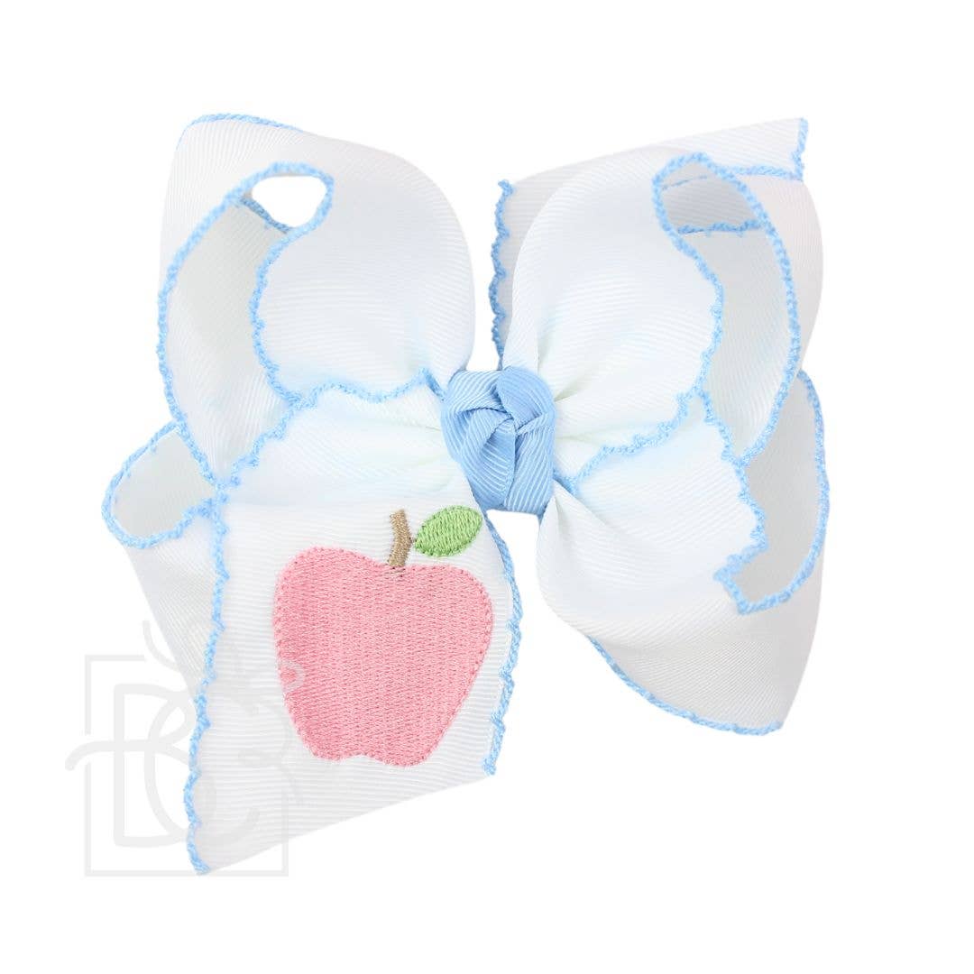 Embroidered Pink Apple on Crochet Edge Bow