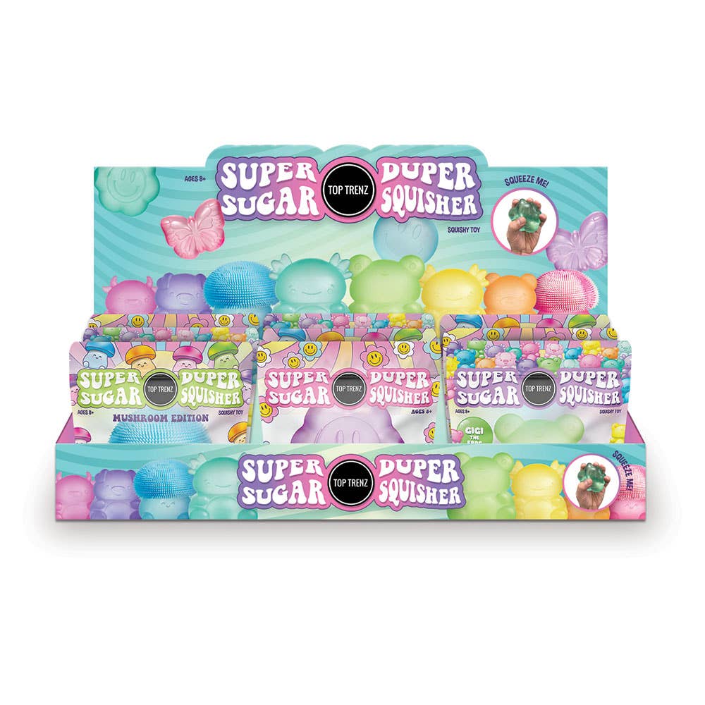 Display of Super Squisher toys in packaging on a white background