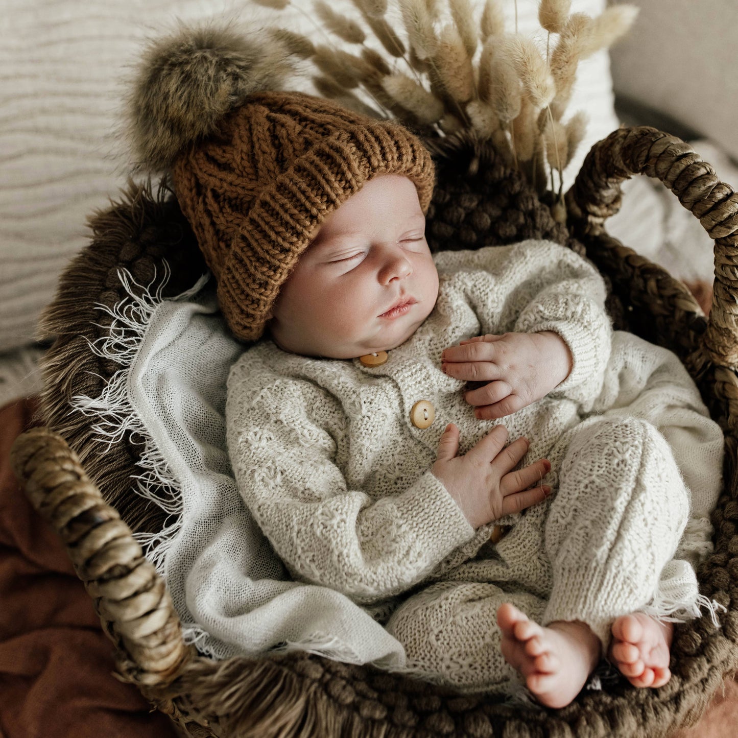Pecan Pop Pom Pom Beanie Hat Baby & Kids