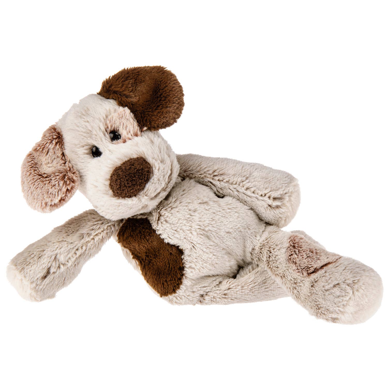 Plush dog toy with brown spots