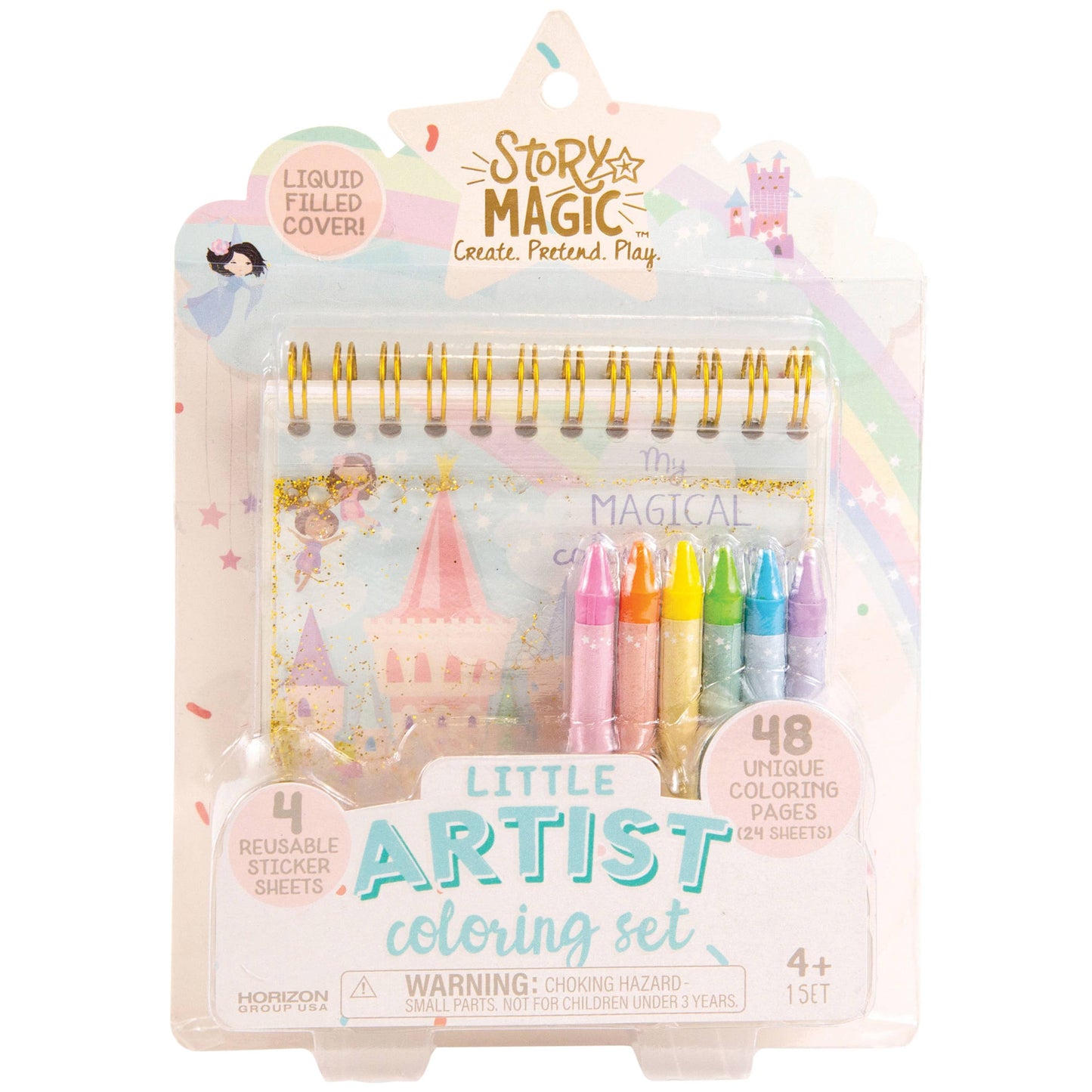 Story Magic Little Artist coloring set packaging with colorful markers and sticker sheets.