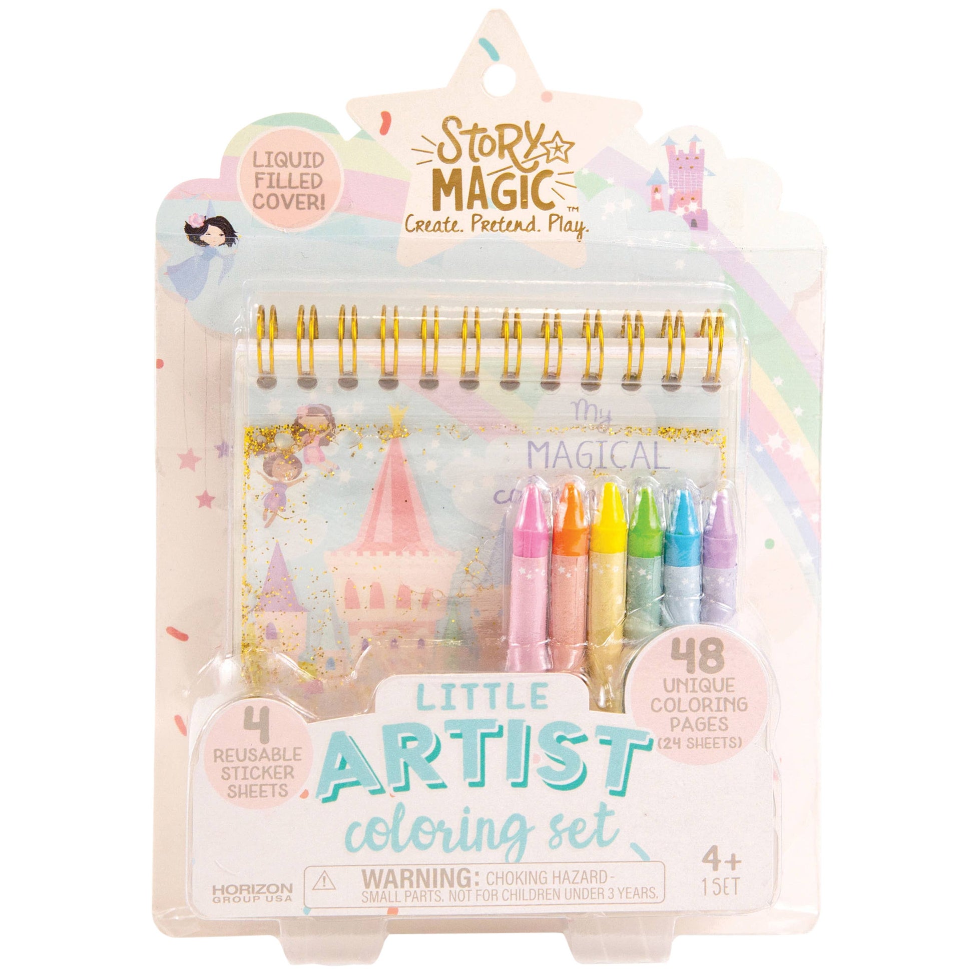Story Magic Little Artist coloring set packaging with colorful markers and sticker sheets.