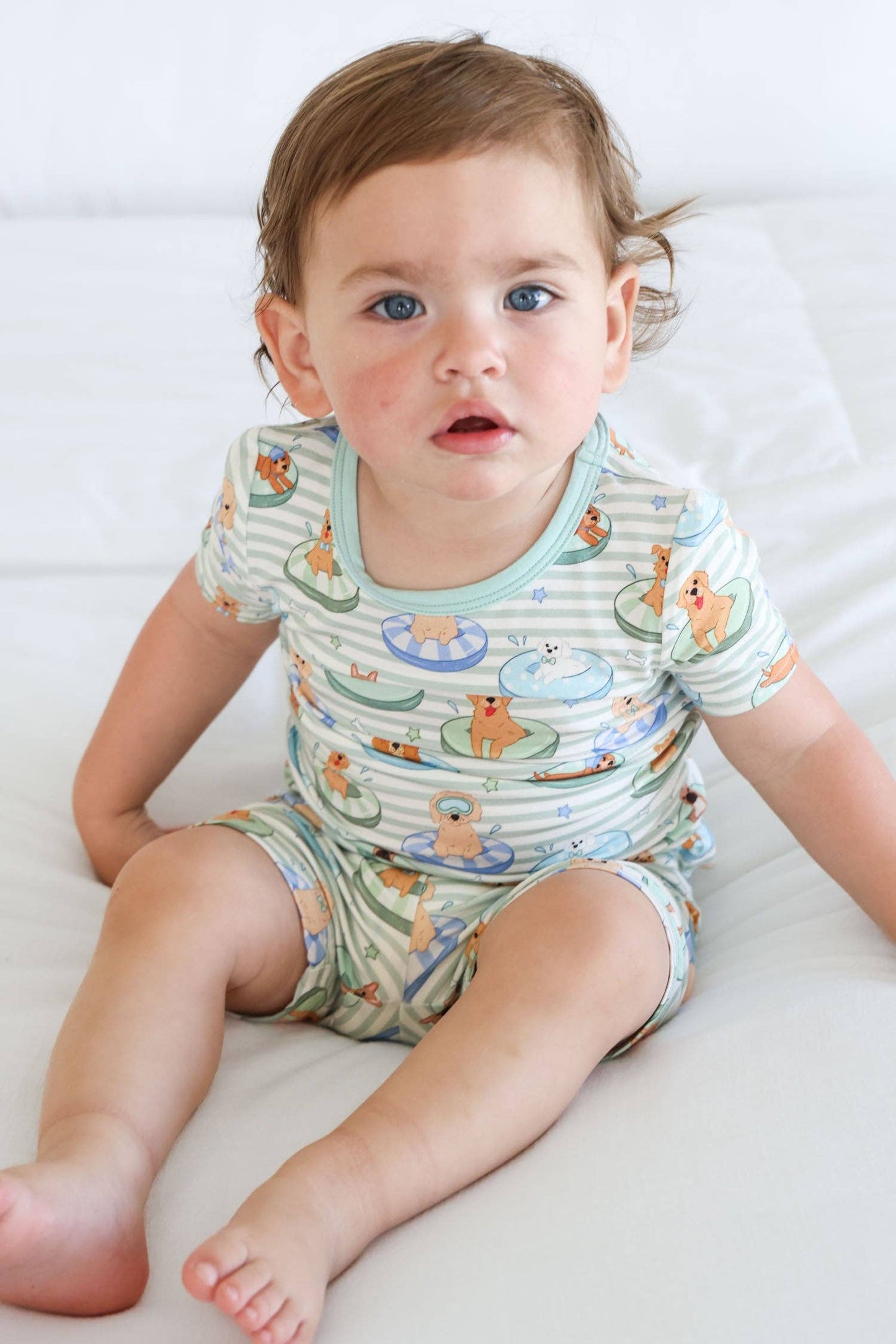 Two Piece Short Pajama Set | Poolside Pups Blue