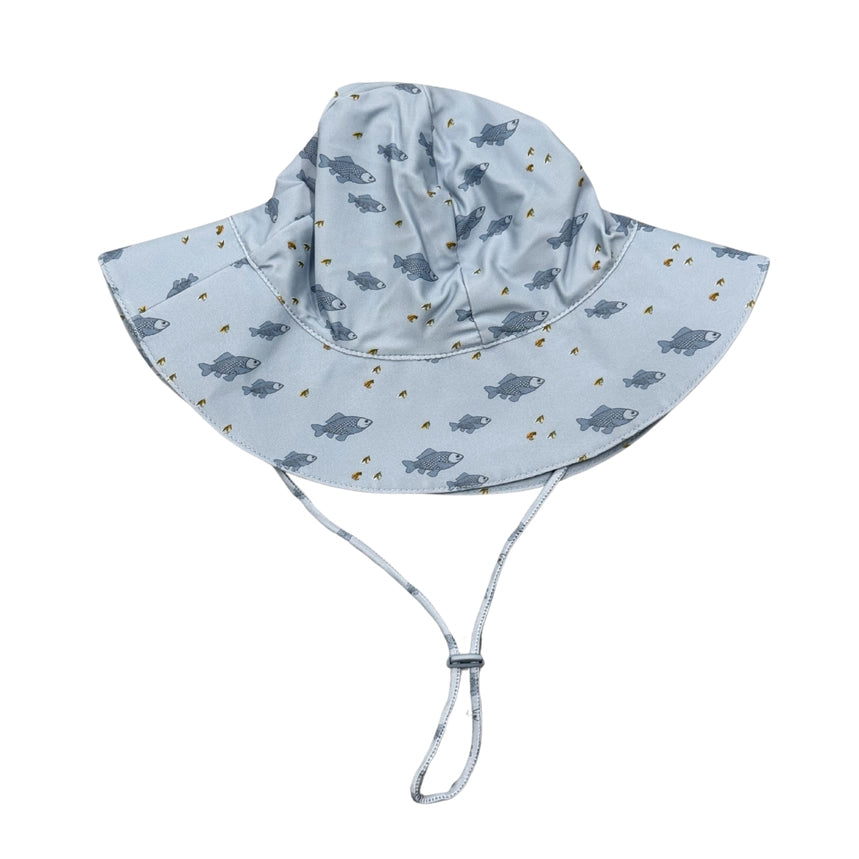 Children's sun hat with fish pattern on a white background