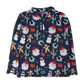 A long-sleeve quarter-zip pullover top with a festive Christmas print on a navy blue background, featuring Santa Claus, snowmen, cacti, gingerbread cookies, and horseshoes.