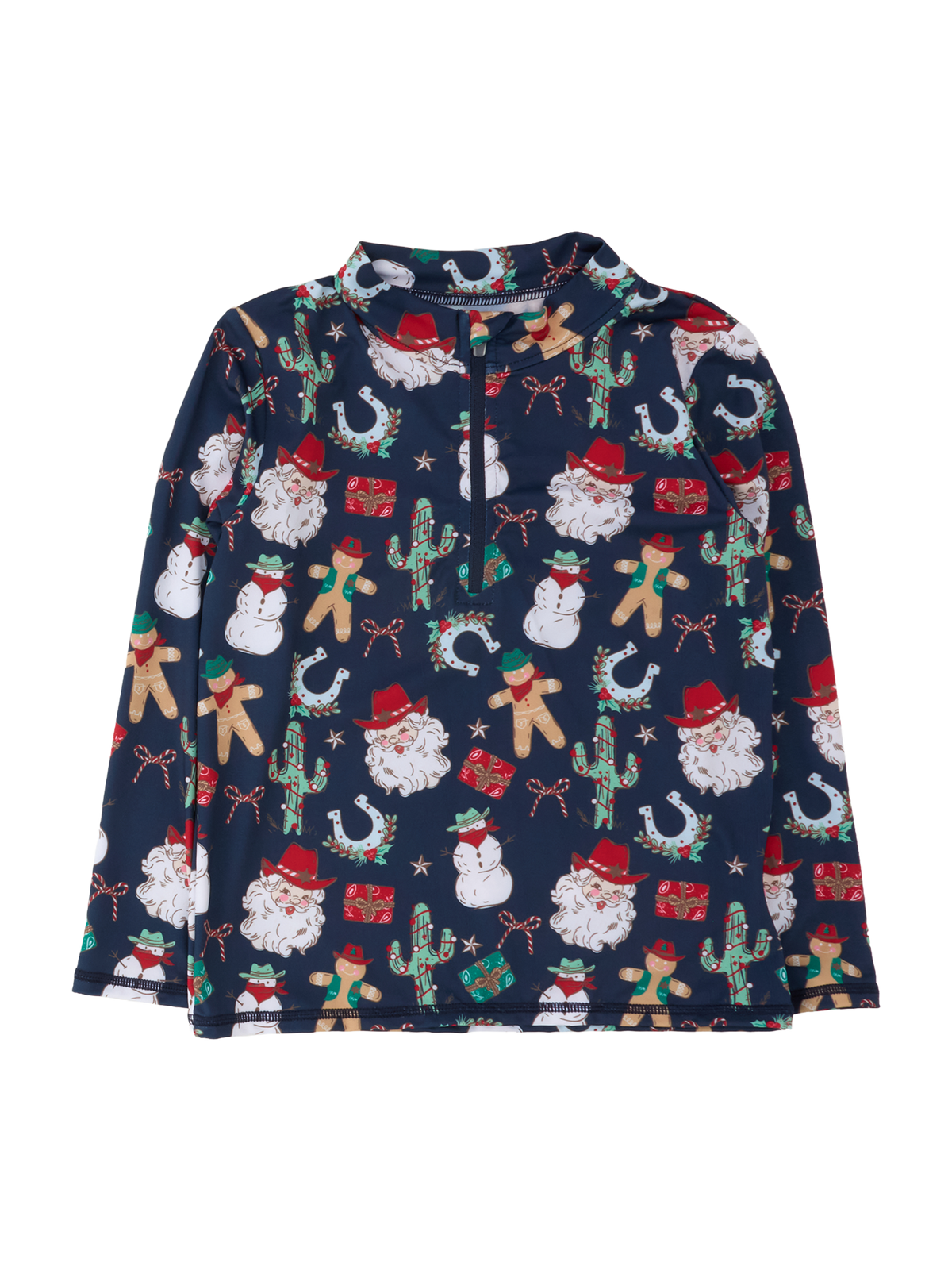 A long-sleeve quarter-zip pullover top with a festive Christmas print on a navy blue background, featuring Santa Claus, snowmen, cacti, gingerbread cookies, and horseshoes.
