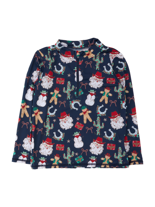 A long-sleeve quarter-zip pullover top with a festive Christmas print on a navy blue background, featuring Santa Claus, snowmen, cacti, gingerbread cookies, and horseshoes.