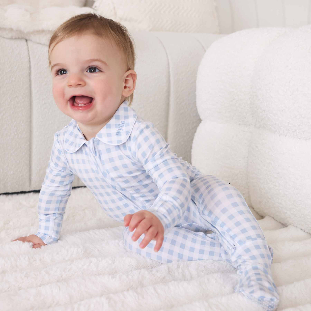 Peter Pan Collar Zipper Footie | Dusty Blue Gingham (Wholesale)