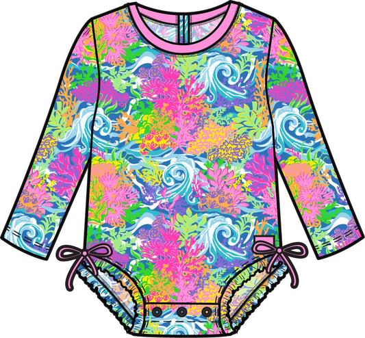 Baby Girls Neon Ocean Coral Long Sleeve One Piece Rash Guard Swimsuit with Signature Rear Ruffles
