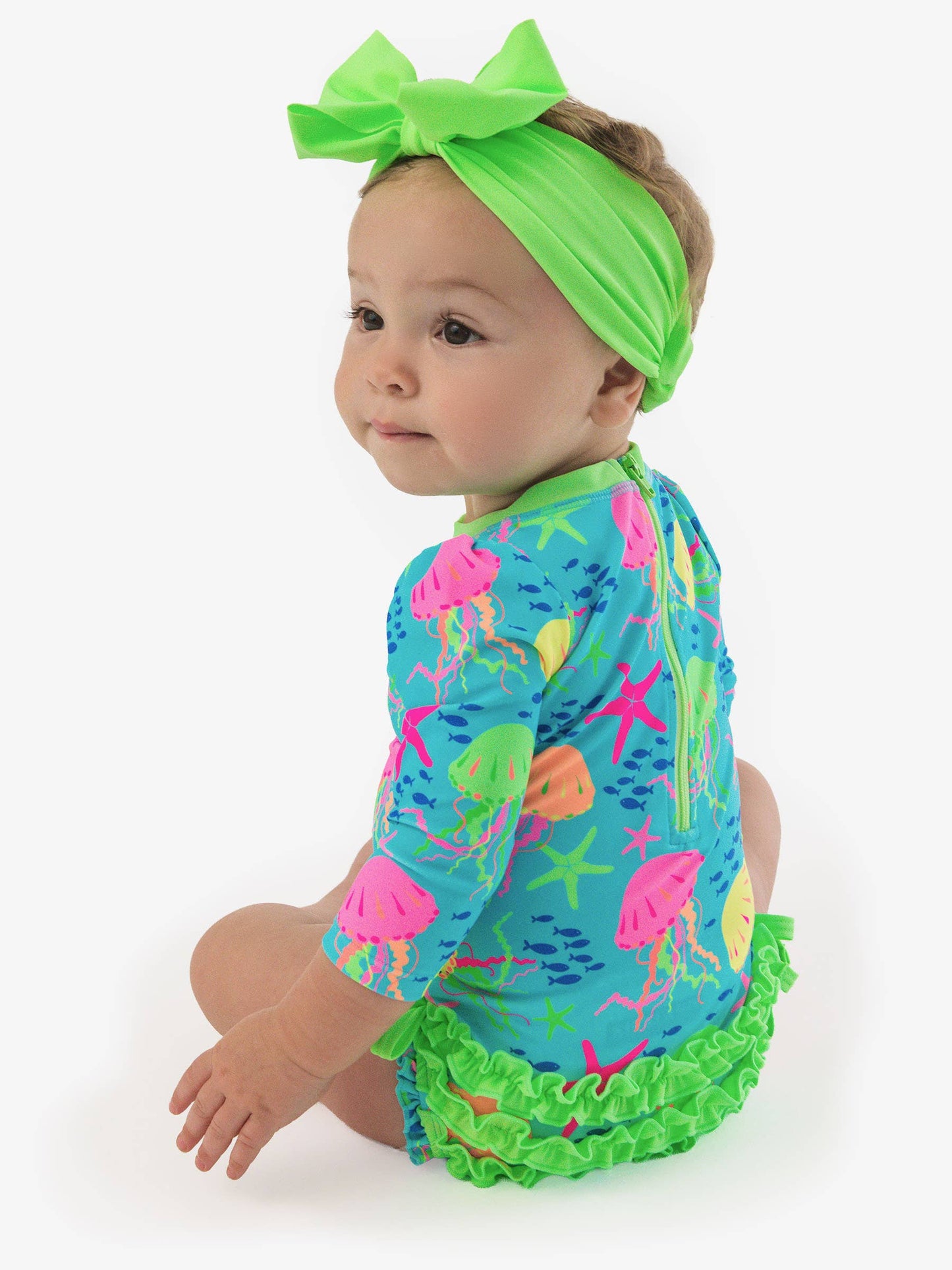 Baby Girls Neon Jelly Time Long Sleeve One Piece Rash Guard Swimsuit with Signature Rear Ruffles