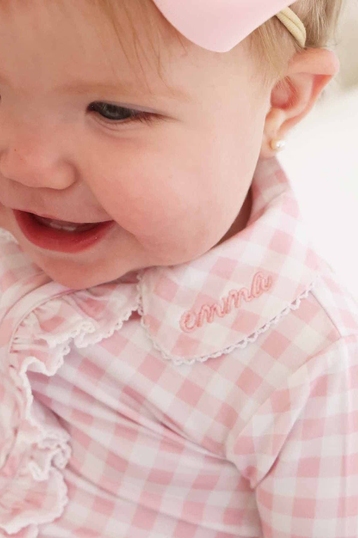 Peter Pan Collar Ruffle Zipper Footie | Rosy Gingham