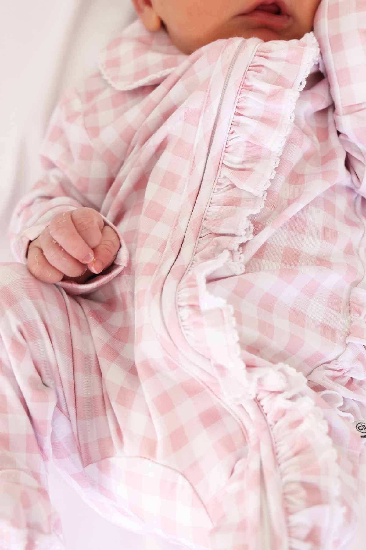Peter Pan Collar Ruffle Zipper Footie | Rosy Gingham