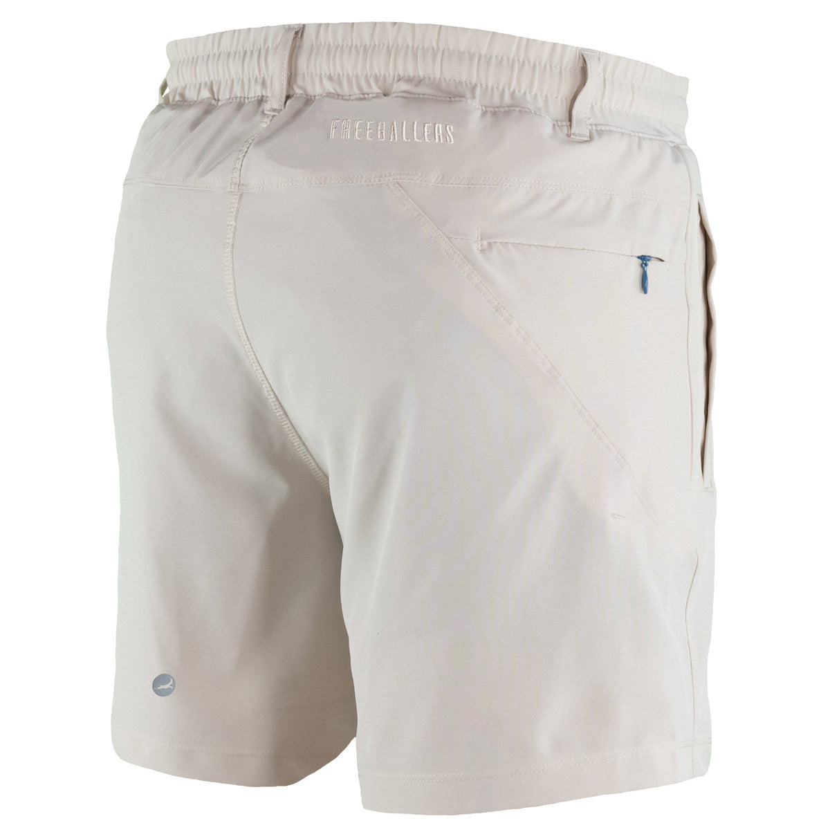 Beige shorts with a brand logo on a white background