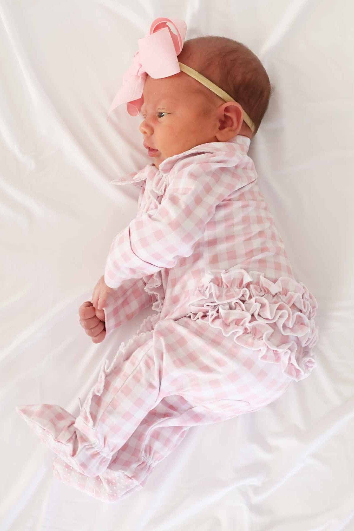 Peter Pan Collar Ruffle Zipper Footie | Rosy Gingham