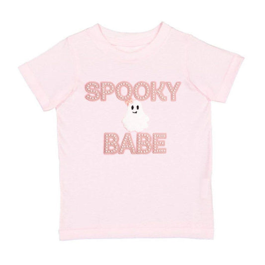 Pink t-shirt with 'Spooky Babe' text and ghost graphic on a white background
