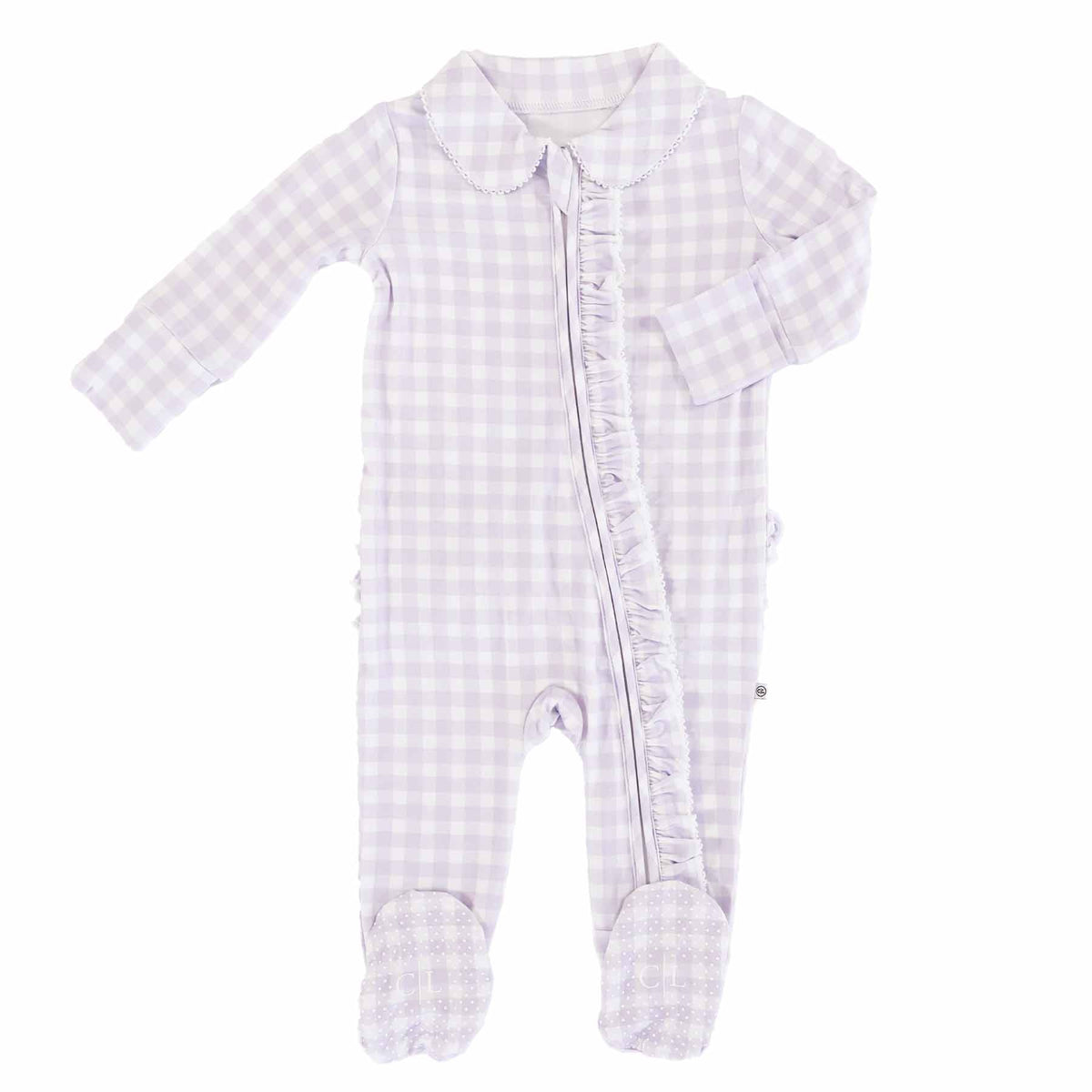 Peter Pan Collar Ruffle Zipper Footie | Lilac Gingham (Wholesale)