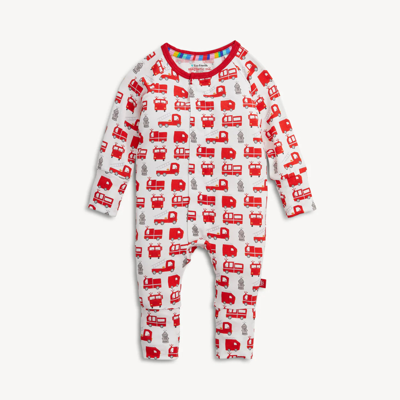 Baby onesie with red truck pattern on a white background
