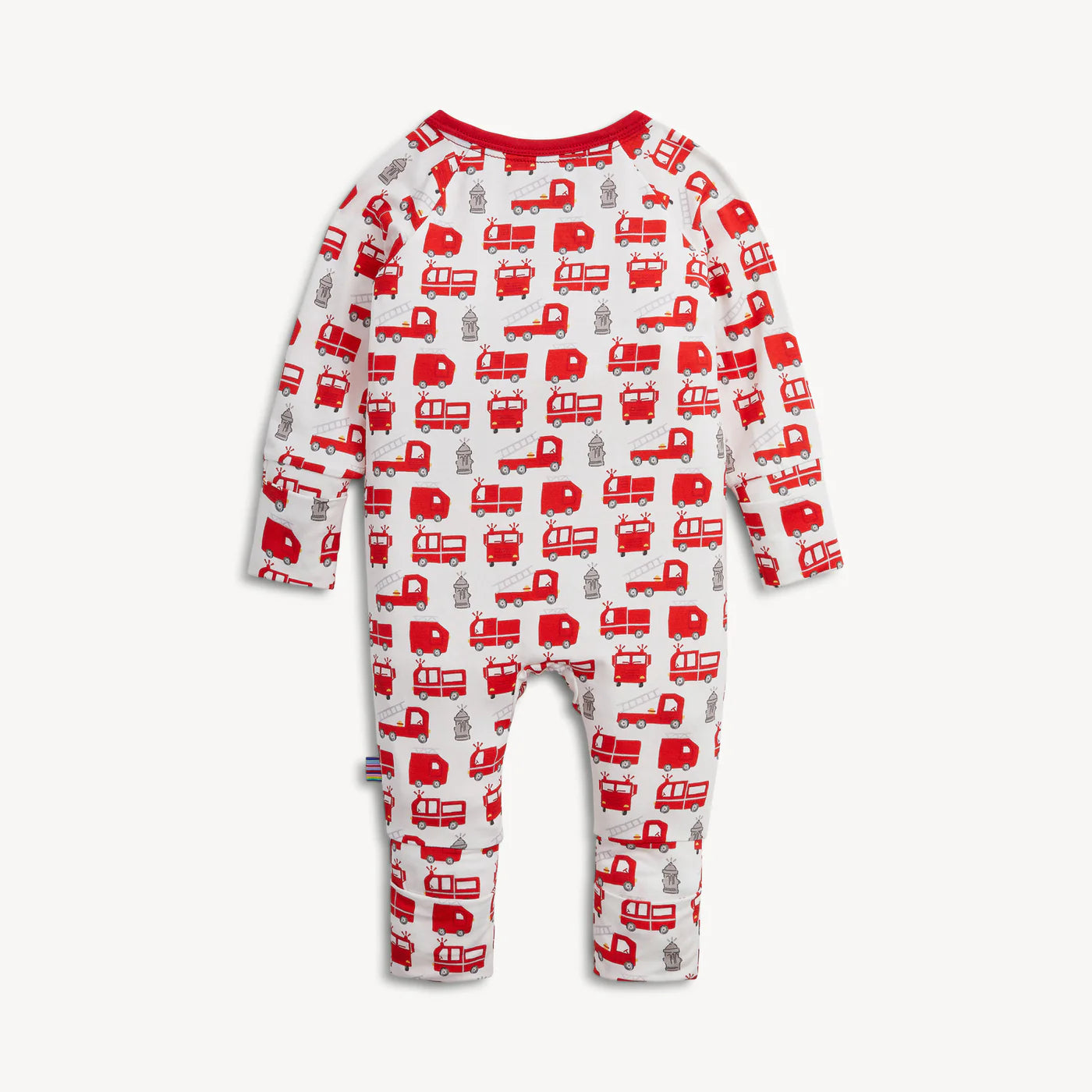Baby onesie with red truck pattern on a white background