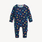 Navy baby onesie with colorful space-themed print on a white background