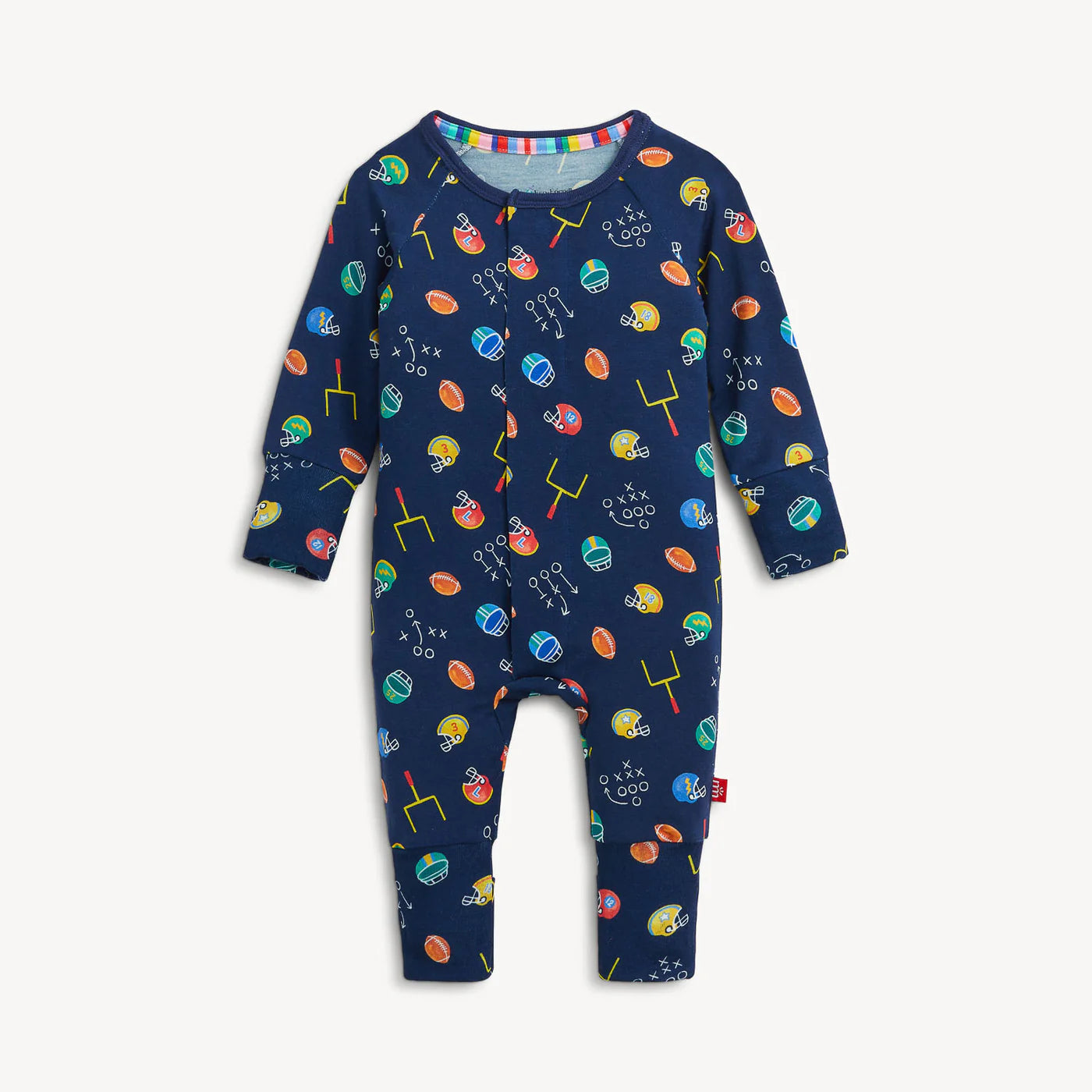 Navy baby onesie with colorful space-themed print on a white background