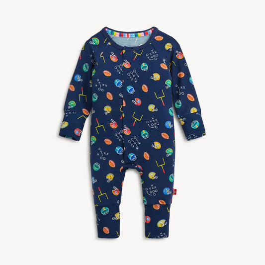 Navy baby onesie with colorful space-themed print on a white background