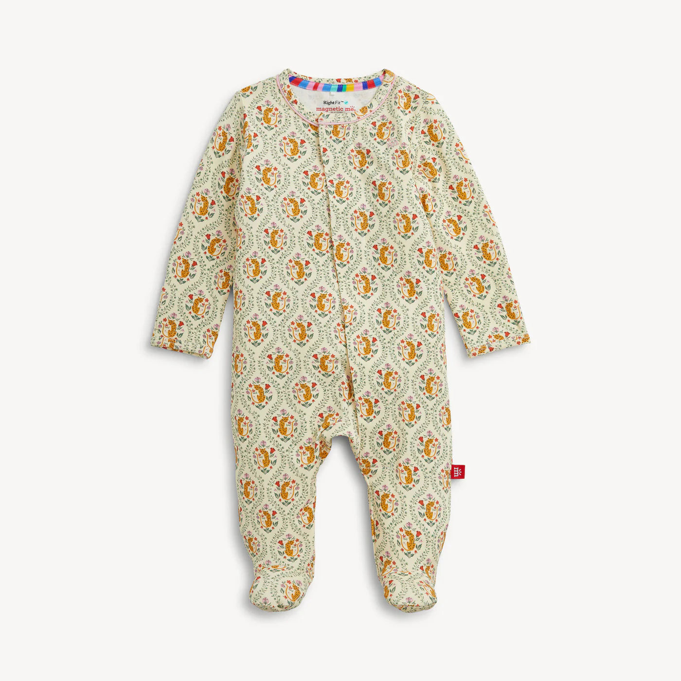 A baby footed one-piece sleeper with long sleeves and an all-over paisley pattern in orange, yellow, and green on a cream background, featuring a colorful striped inner collar.