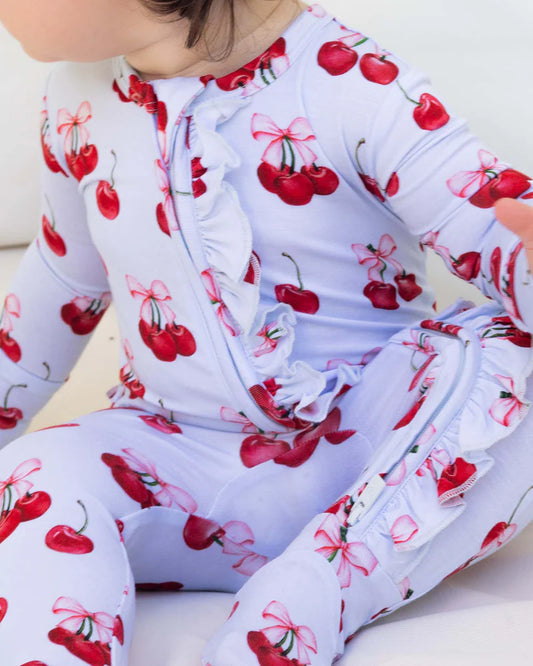 Ruffled Zipper Romper with Cherries and Tied with a bow