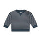 A baby long-sleeve knit sweater with horizontal navy blue and beige stripes, featuring a split V-neckline with two small decorative buttons at the collar.