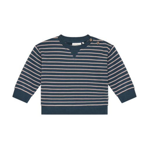 A baby long-sleeve knit sweater with horizontal navy blue and beige stripes, featuring a split V-neckline with two small decorative buttons at the collar.