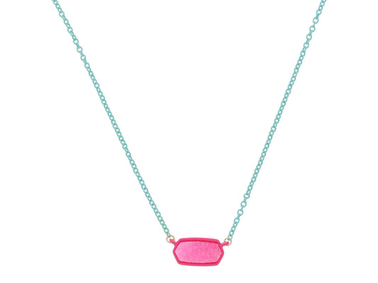 Kids Mint Enamel Chain and Dark Pink Encasing with Pink Druzy Hexagon Bar Necklace