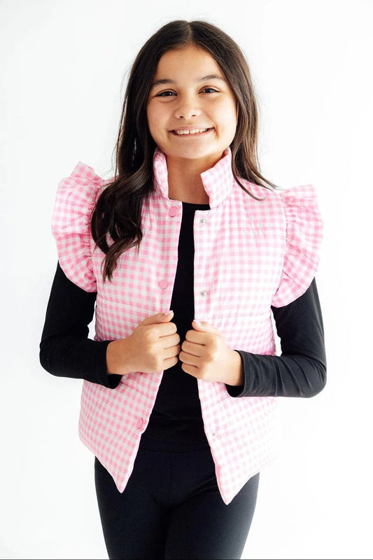  pink and white gingham puffed sleeve vest