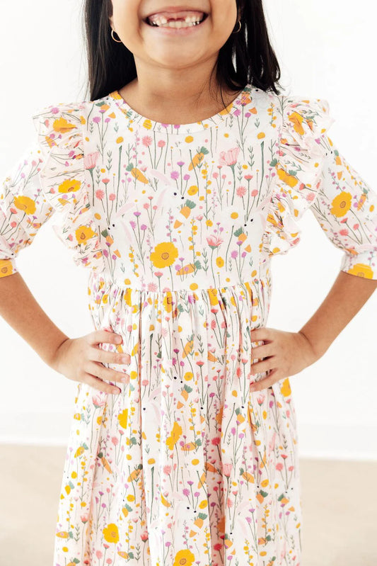 Floral ruffle twirl dress with bunnies