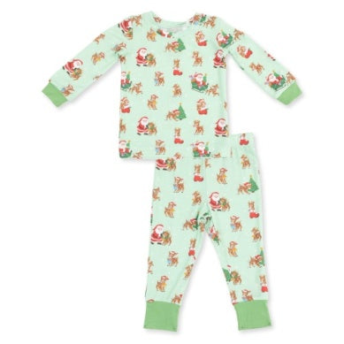 Long Sleeve Lounge Set // Green Vintage Reindeer & Santa