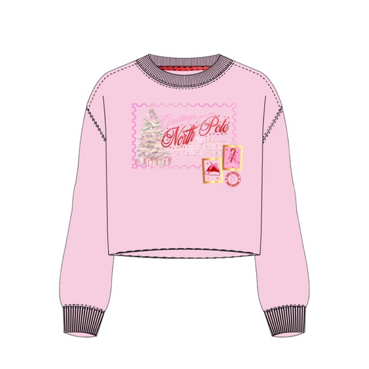 A pink cropped long-sleeve sweater with a 'North Pole' Christmas tree graphic on the chest, ribbed crew neck, cuffs, and hem, shown on a plain white background.