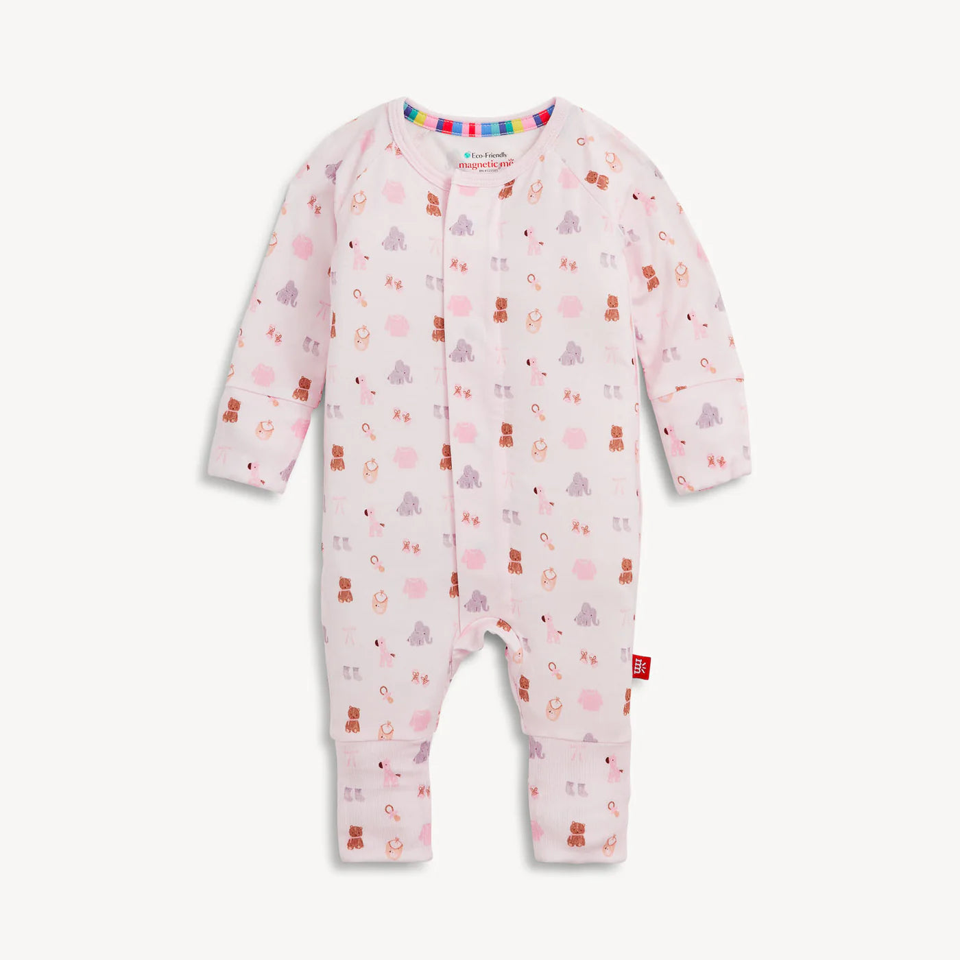 A baby long-sleeve footless one-piece jumpsuit in light pink, featuring a playful pattern of teddy bears, snowmen, and snow globes in various colors, displayed against a clean off-white background.