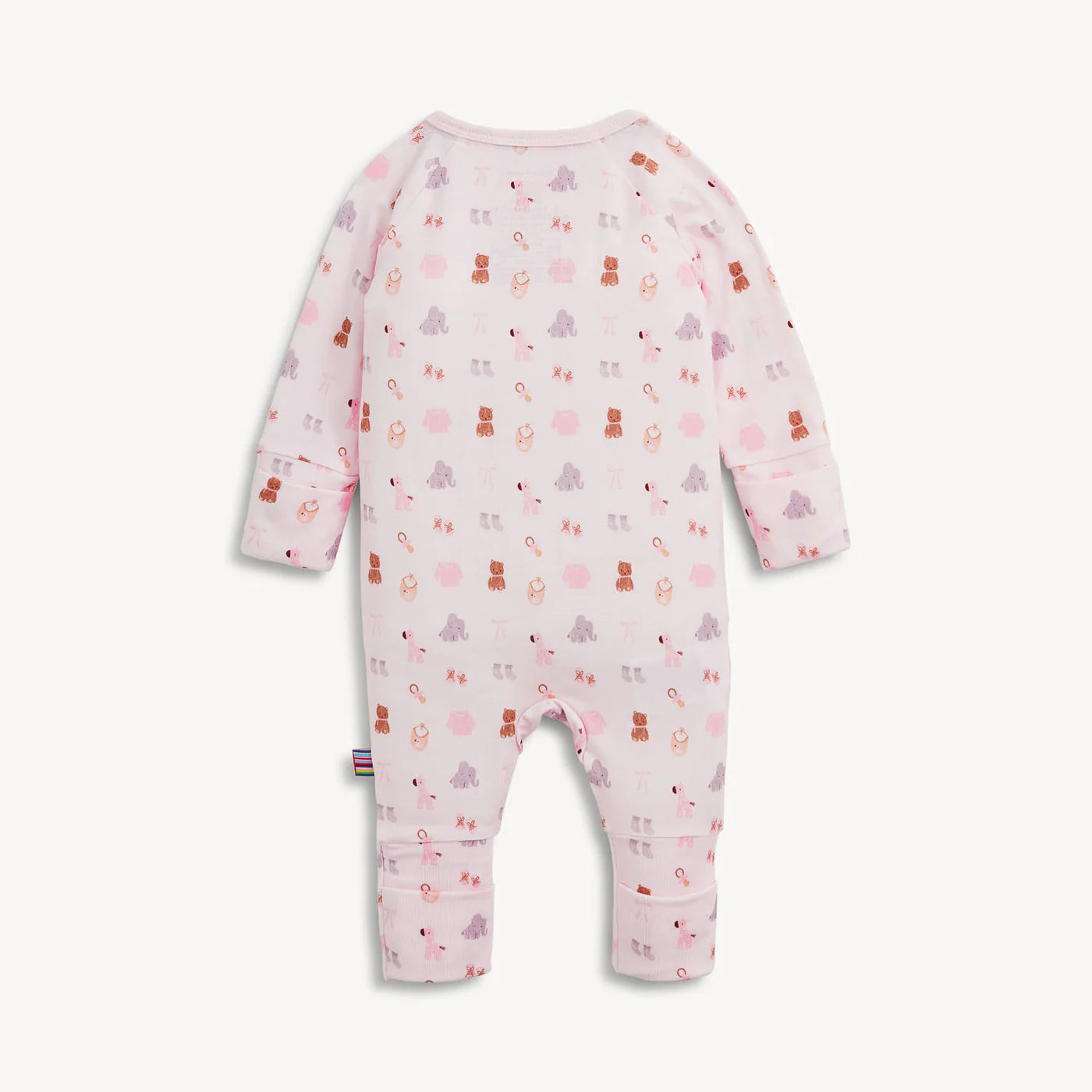 A baby long-sleeve footless romper in light pink with a repeating pattern of teddy bears, snowmen, and snow globes in brown, orange, and purple, shown against a plain off-white background.