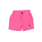 Pink shorts with a small logo on a white background