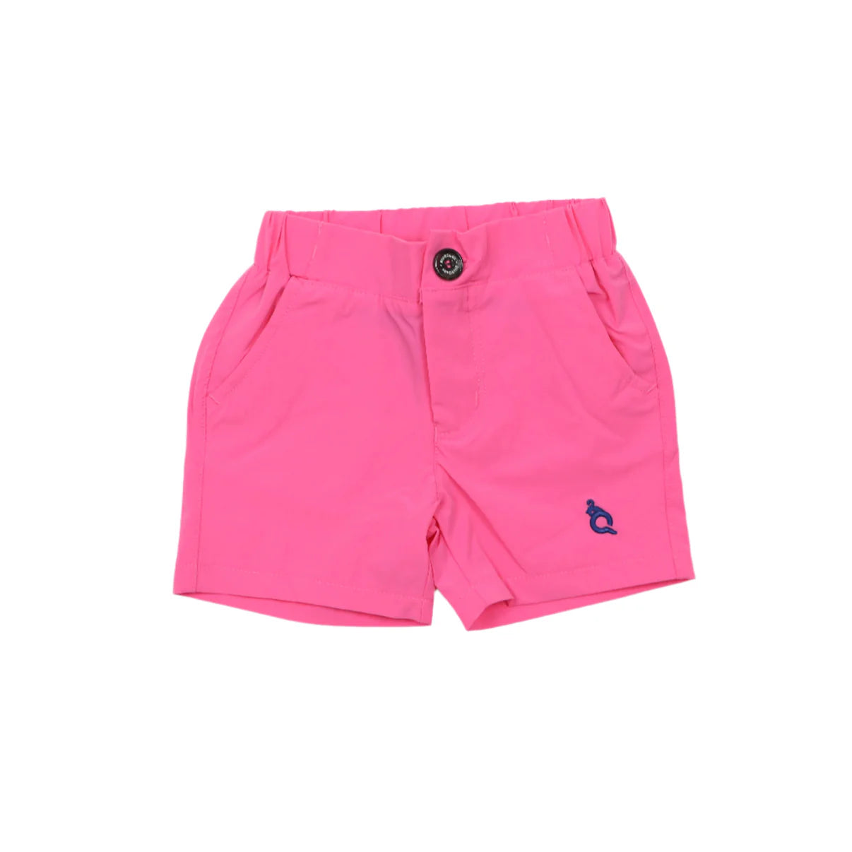 Pink shorts with a small logo on a white background