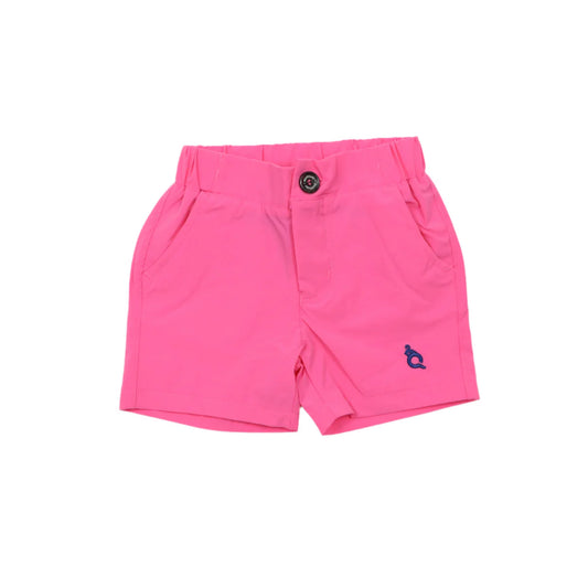 Pink shorts with a small logo on a white background