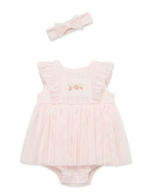 Pink baby romper with ruffles and a matching headband 