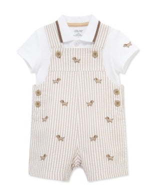 Baby outfit with white shirt and beige striped overalls featuring small dogs 