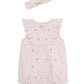 Pink romper with ruffled details and matching headband