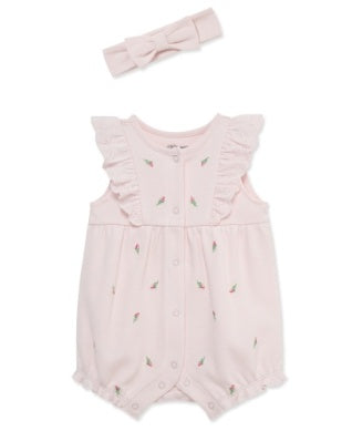 Pink romper with ruffled details and matching headband