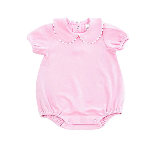 Pink baby romper with ruffled collar