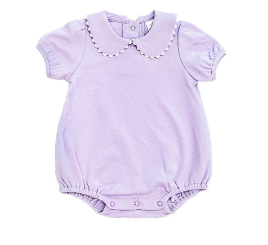 Lavender baby romper with ruffled collar 
