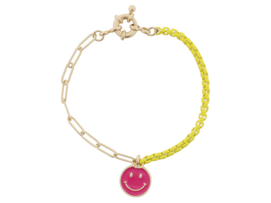 Kids Half Gold Chain, Half Yellow Chain with Hot Pink Enamel Happy Face Disc Bracelet