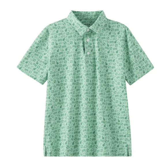 Green patterned polo shirt with soccer print