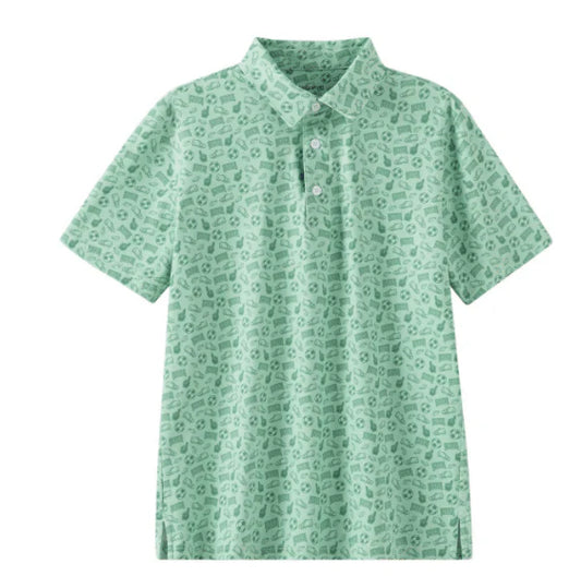 Green patterned polo shirt with soccer print