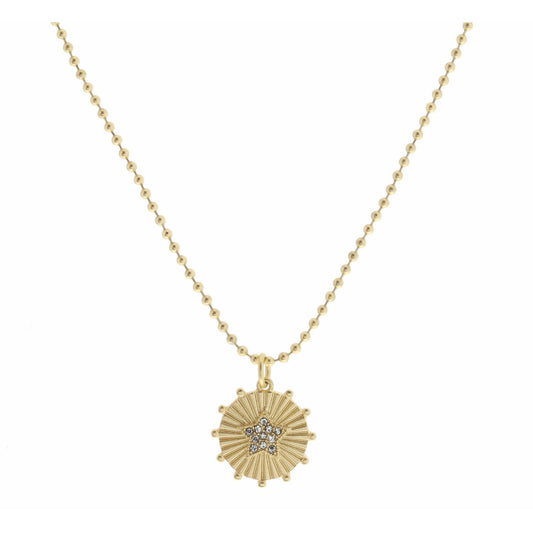 Kids 14" Clear Crystal Star on Gold Disc with Studs Necklace, 3" Ext.